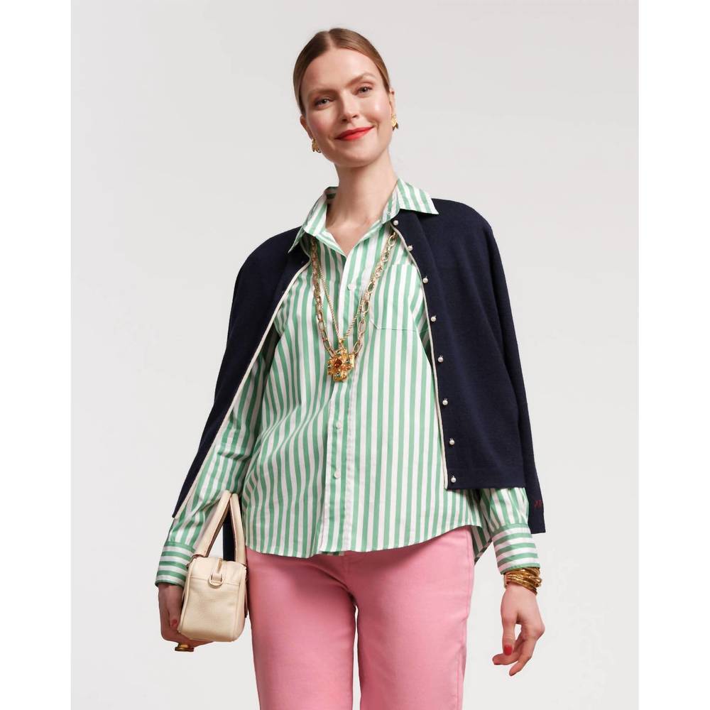 NEW FRANCES VALENTINE perfect button down top in green stripe - Picture 4 of 6